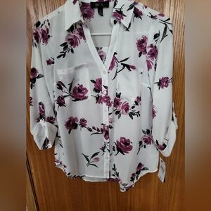 BCX Women's Floral Button-Up Blouse - White and Purple